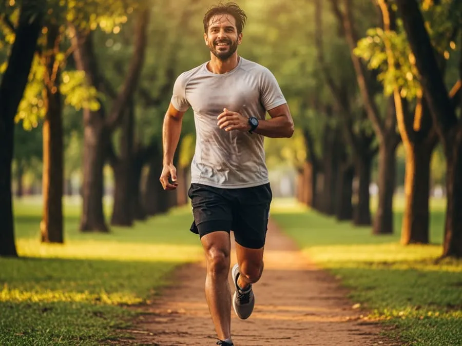 Pessoa correndo com determinação em parque ao ar livre.