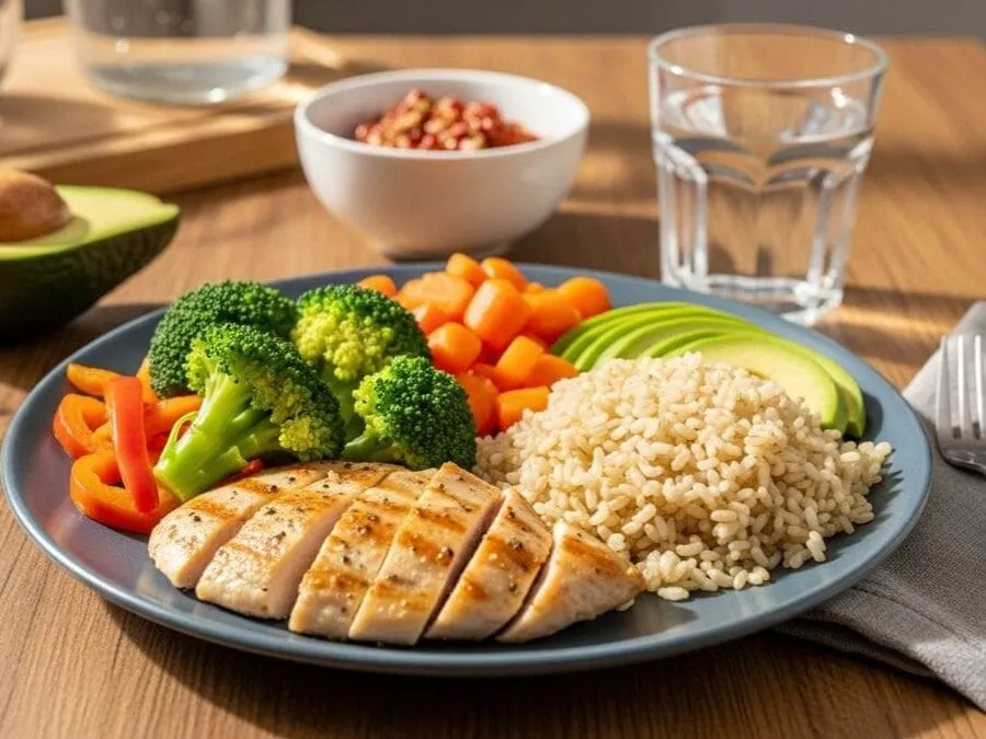 Imagem realista de uma refeição saudável com frango grelhado, vegetais frescos, arroz integral e abacate, ilustrando escolhas alimentares para reduzir gordura.