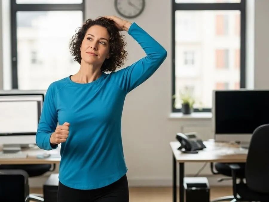 Imagem de uma pessoa em um escritório fazendo alongamento de pescoço durante uma pausa ativa, em um ambiente de trabalho iluminado.