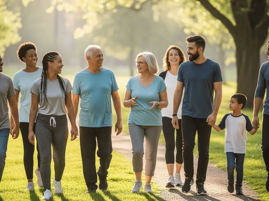 Fotografia de um grupo diverso caminhando em um parque, sorrindo e interagindo, sob luz natural, simbolizando microdoses de exercícios.