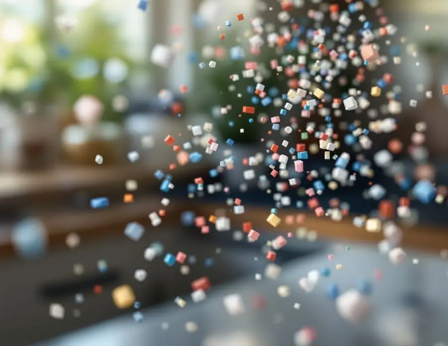 Foto close-up de partículas minúsculas de plástico flutuando no ar, iluminadas pela luz do sol, representando a contaminação ambiental cotidiana.