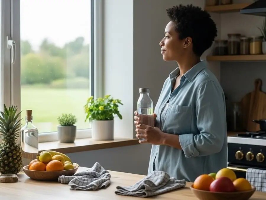 Imagem realista de uma pessoa em uma cozinha moderna, segurando uma garrafa de vidro, olhando para fora da janela, representando ações sustentáveis e conscientização ambiental.