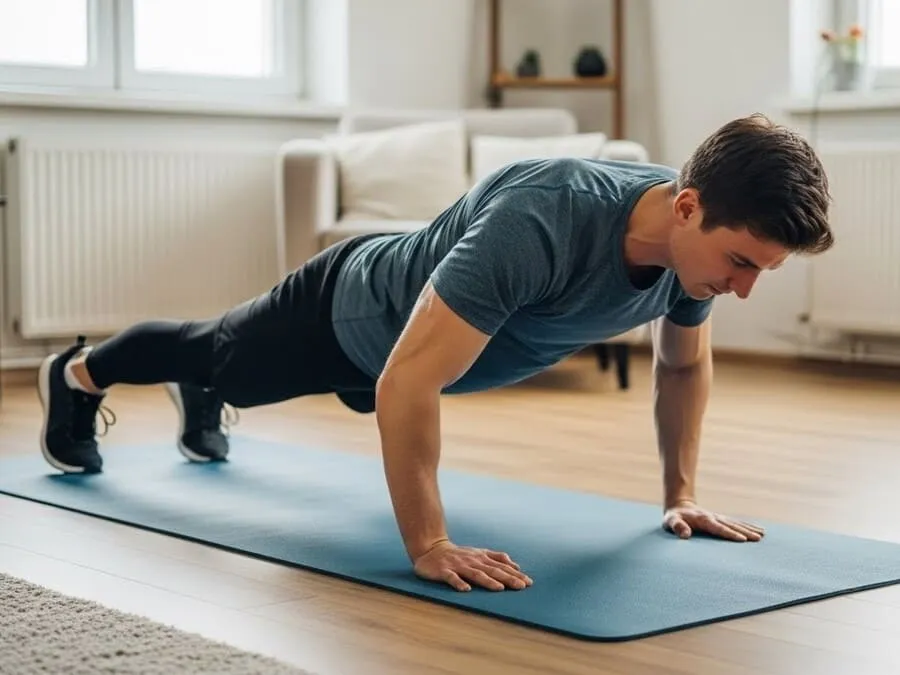 perda de massa muscular. Fotografia realista de uma pessoa fazendo prancha em uma sala de estar, com tapete e móveis simples ao fundo, sob iluminação clara e natural.