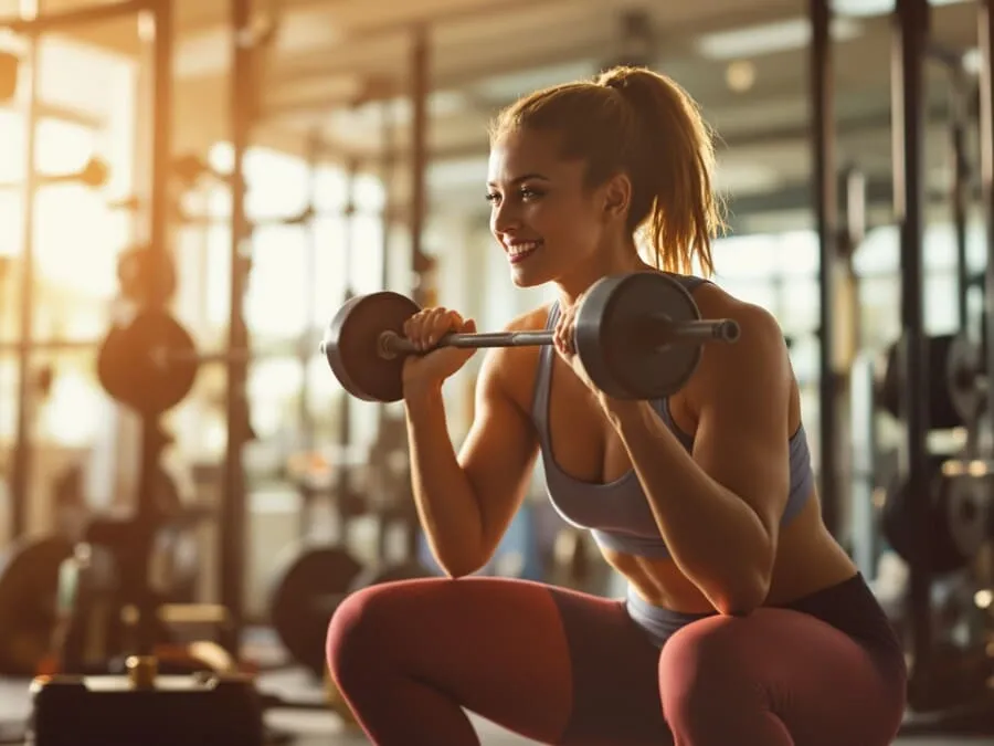 Fotografia realista de uma pessoa fazendo agachamento com pesos leves na academia, com postura correta, sob iluminação natural quente.