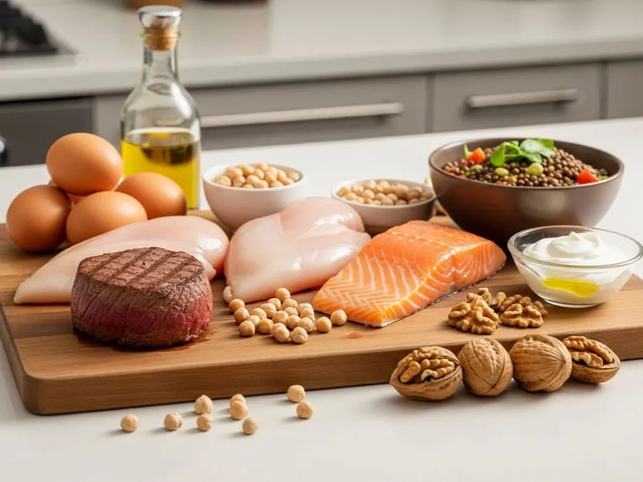 Fotografia realista de uma bancada com filé-mignon, frango, ovos, salmão, grão-de-bico, iogurte grego, nozes e salada com lentilhas, sob iluminação clara e natural.
