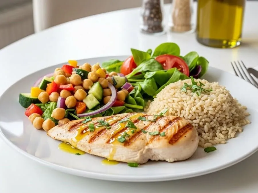 Fotografia realista de um prato com peito de frango grelhado, salada de grão-de-bico e arroz integral, regado com azeite, sob iluminação clara e natural.