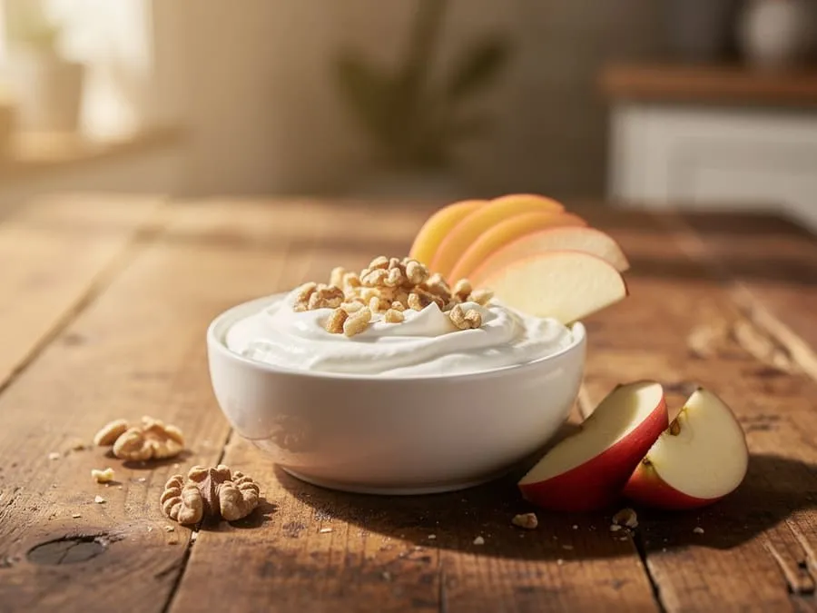 Fotografia realista de um lanche com iogurte grego, nozes e maçã fatiada em uma tigela, em uma mesa rústica sob iluminação natural quente.
