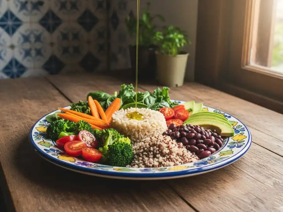 Prato colorido com vegetais variados como tomate, brócolis, cenoura e folhas verdes, representando uma alimentação saudável para a saúde cardiovascular.