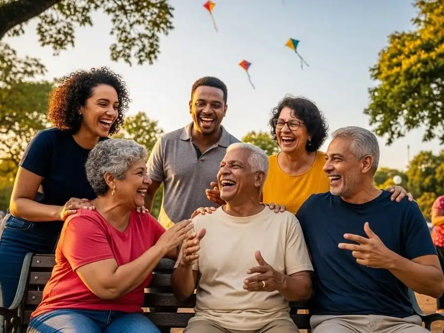 Grupo de amigos de várias idades rindo juntos em banco de praça ao entardecer, no Brasil.