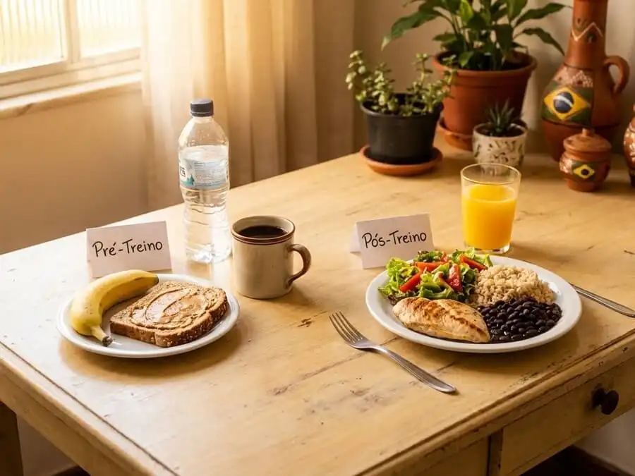 Mesa com alimentos ideais para pré-treino (banana, pão, café) e pós-treino (frango, arroz, salada).