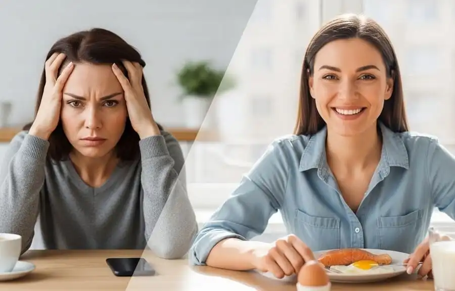 Comparação antes e depois: pessoa com expressão de confusão mental (esquerda) vs clareza e energia após bons níveis de vitamina B12 (direita), luz natural de cozinha.