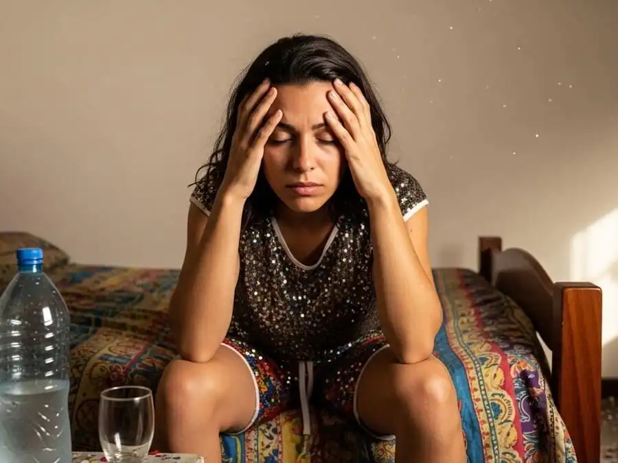 Pessoa com ressaca após o Carnaval sentada na cama, mãos na cabeça, garrafa d’água ao lado, luz natural da manhã.