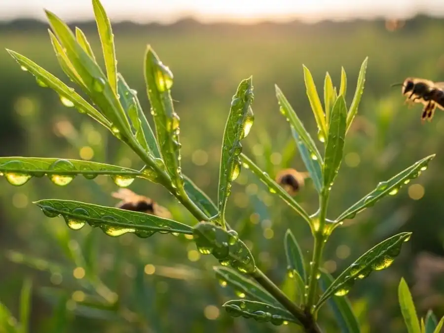 Própolis verde fresca sobre folhas de alecrim-do-campo com abelhas ao fundo, luz natural, simbolizando origem brasileira e potencial neuroprotetor.
