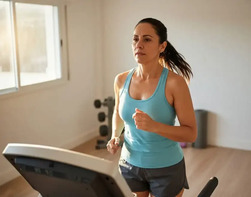 Foto de uma mulher adulta correndo na esteira com expressão focada, ilustrando truques para melhorar o exercício cardiovascular.