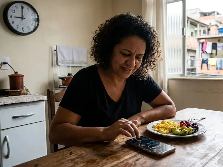 Pessoa refletindo sobre jejum intermitente à mesa de cozinha, olhando relógio ou celular, luz natural da manhã, simbolizando busca por evidências reais.