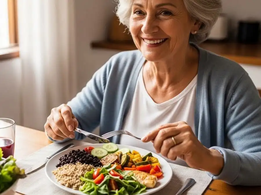 Pessoa idosa saudável e sorridente comendo prato colorido equilibrado, luz natural de cozinha, simbolizando longevidade através da alimentação.