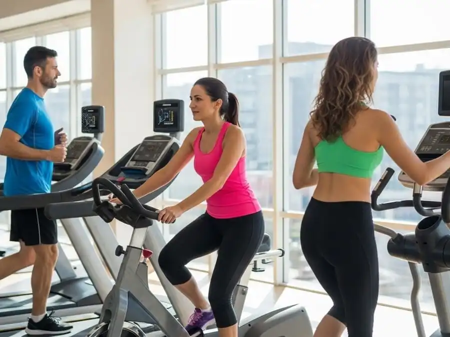 Três pessoas treinando simultaneamente em esteira, bike e elíptico em academia brasileira, luz natural, simbolizando comparação direta de queima calórica e impacto articular.