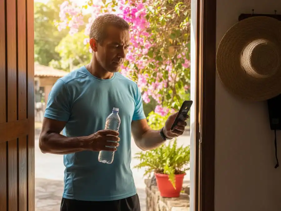 Pessoa parando antes de correr no calor extremo, olhando para o sol ou celular, garrafa d’água na mão, luz natural intensa, simbolizando decisão inteligente e segura.