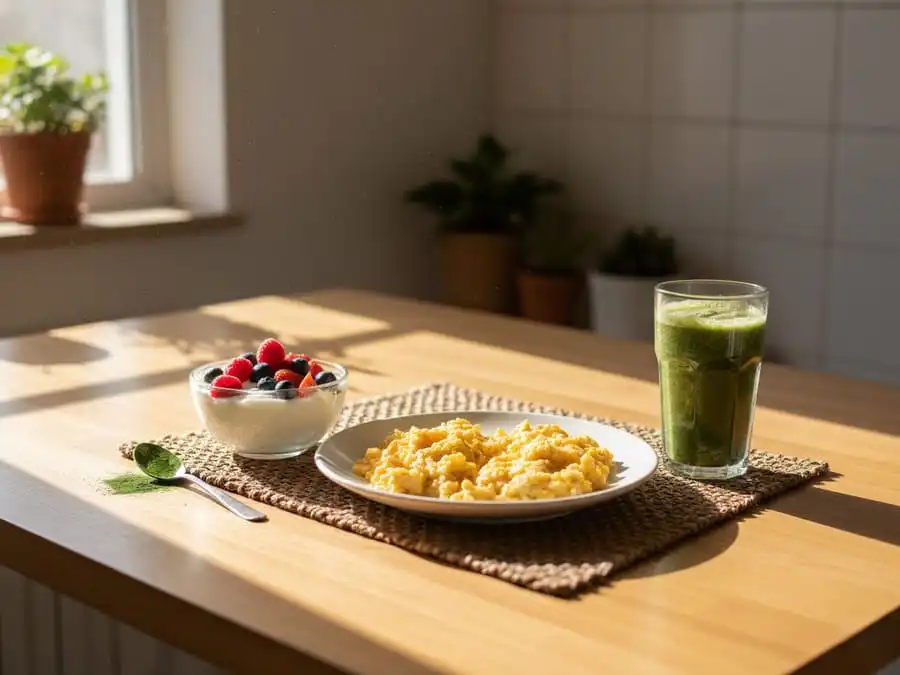 Café da manhã equilibrado com ovos, iogurte grego e spirulina, luz natural da manhã, simbolizando proteína de alto valor biológico para saúde após os 50.