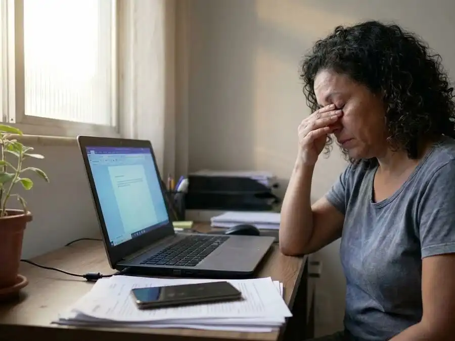 Pessoa com fadiga ocular esfregando os olhos após uso prolongado de tela, luz natural ao fundo, representando o problema comum das telas.