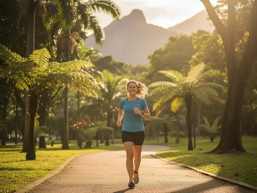 Pessoa correndo com prazer em parque brasileiro arborizado, luz natural vibrante do dia, simbolizando liberdade, energia e benefícios do cardio outdoor.