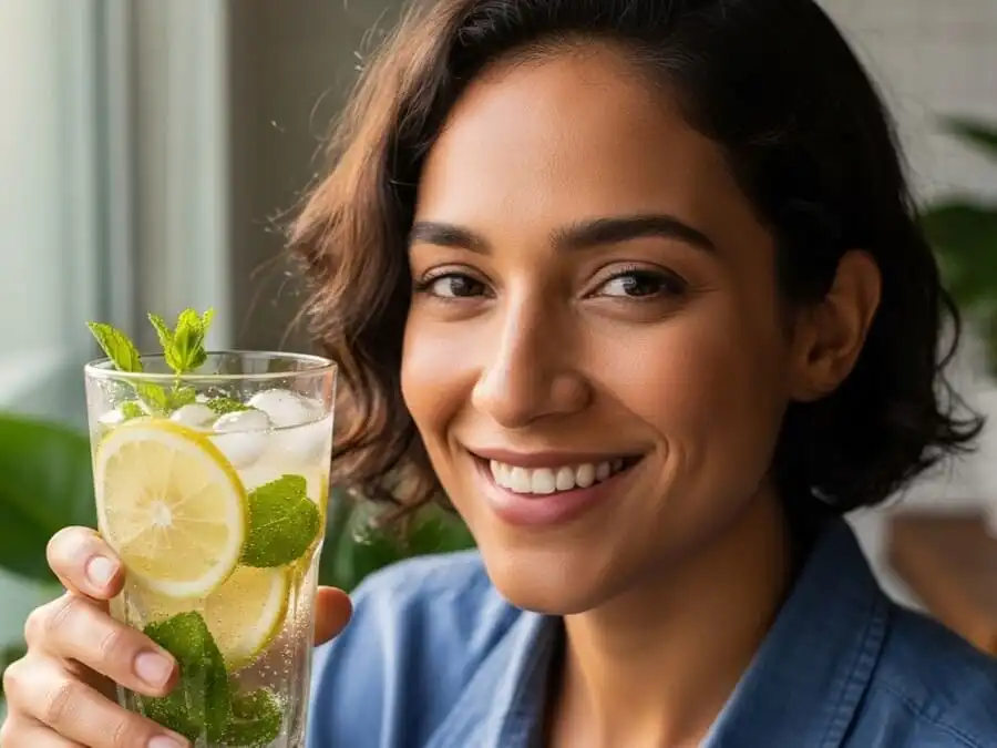 Pessoa sorrindo ao beber água com gás aromatizada com limão e hortelã, luz natural, transmitindo frescor e saúde.