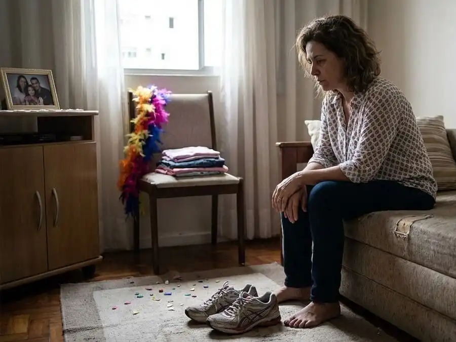 Pessoa acima de 40 anos refletindo antes de voltar aos treinos pós-Carnaval, tênis ao lado, luz natural da manhã.