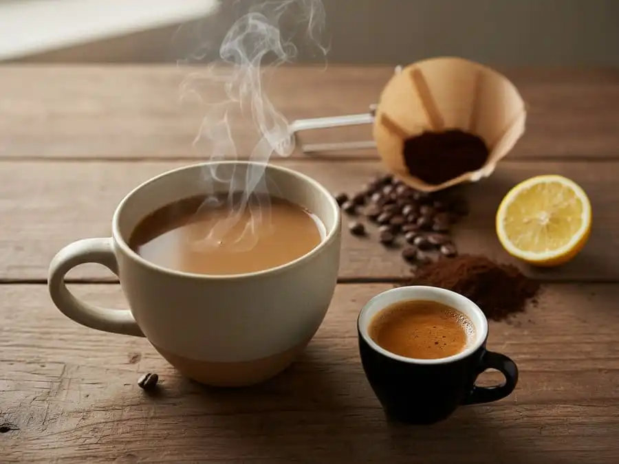 Comparação lado a lado: xícara grande de café coado filtrado e pequena dose de expresso com crema, sobre mesa de madeira com luz natural.