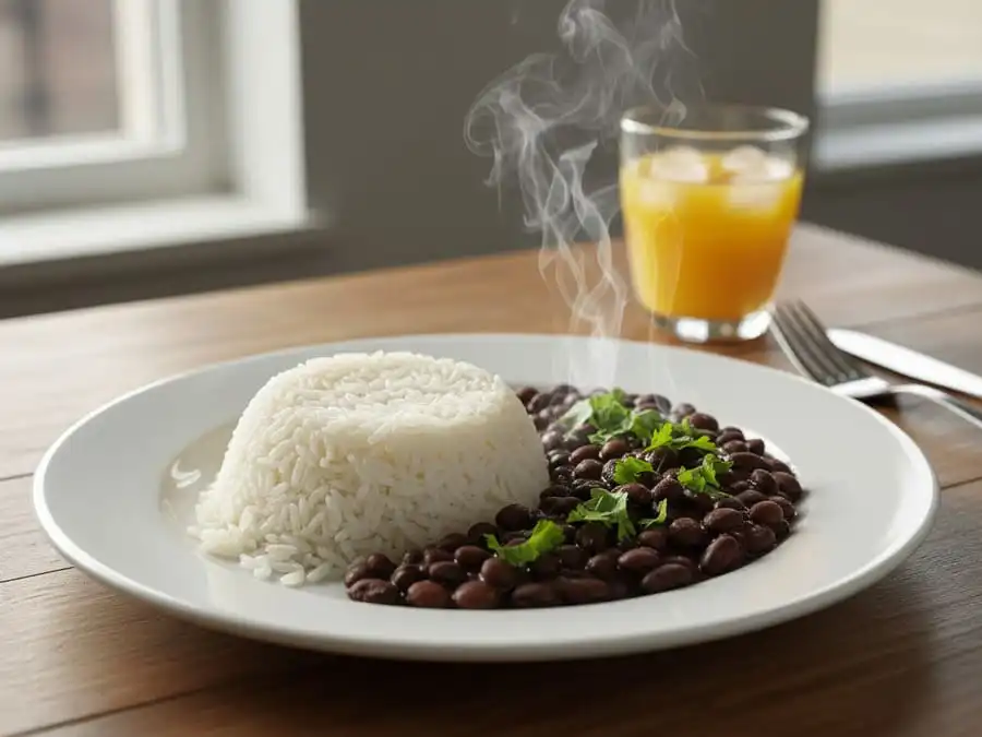 Prato clássico brasileiro fumegante de arroz branco e feijão preto temperado, luz natural de cozinha, simbolizando saúde e tradição.