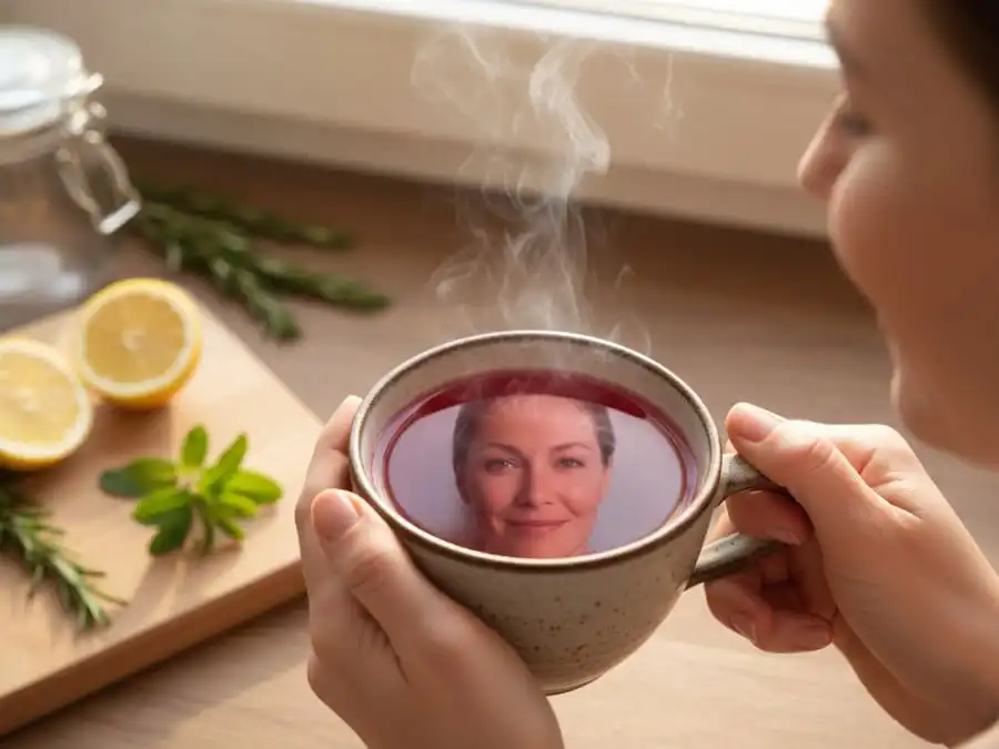 Mão segurando xícara de chá fumegante, com reflexo sutil de pele jovem e firme, luz natural de cozinha brasileira.