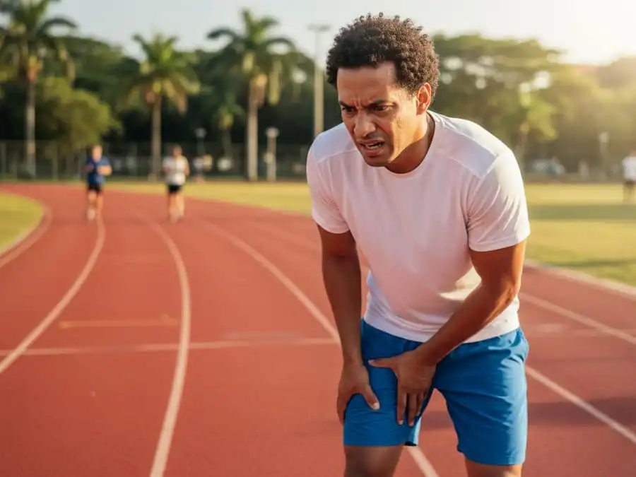 Pessoa sentindo dor aguda no joelho durante treino ao ar livre