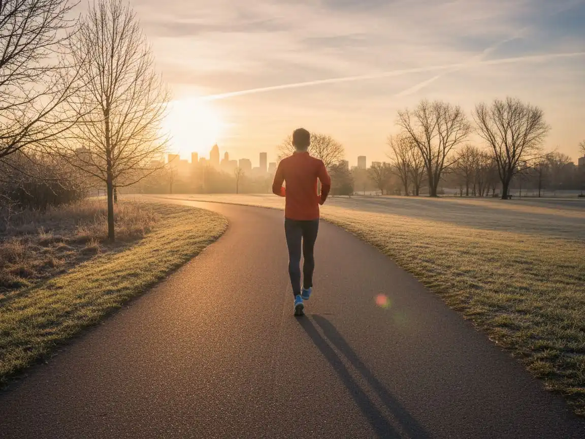 Pessoa de costas correndo ao nascer do sol, luz dourada suave, transmitindo energia e renovação matinal.