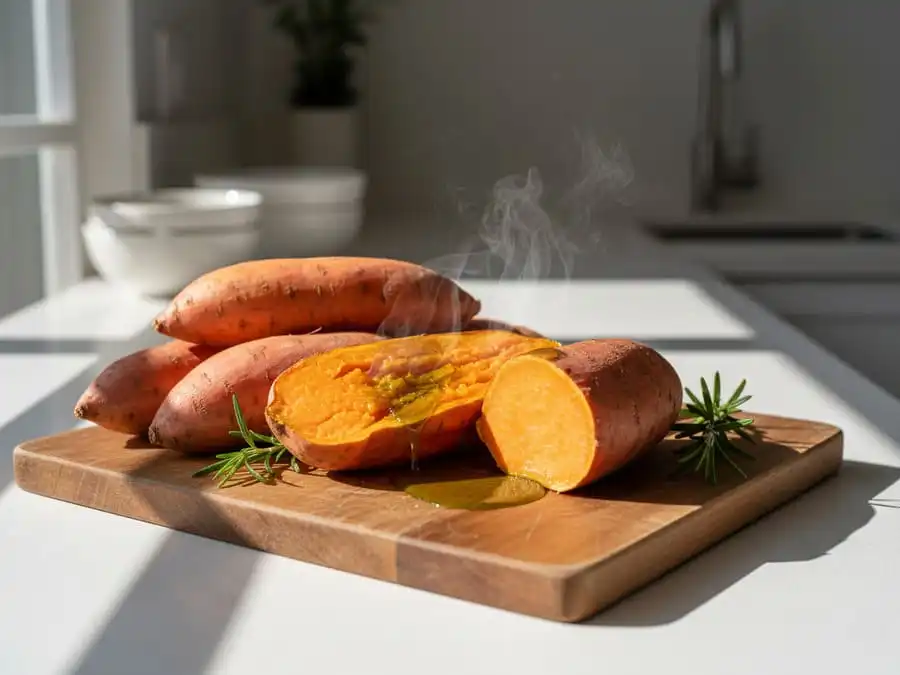 Fotografia realista de batatas-doces cruas e uma assada cortada ao meio em uma bancada de cozinha, com azeite e ervas frescas, sob iluminação natural clara.