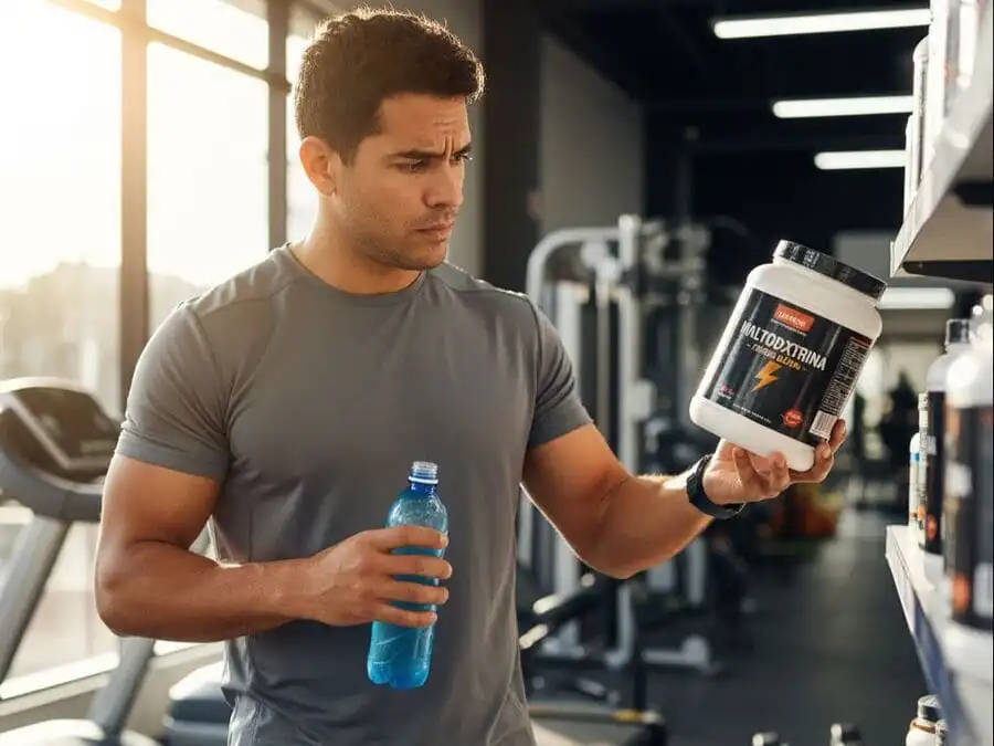 Pessoa na academia olhando pensativa para suplementos de carboidrato, questionando a necessidade real.