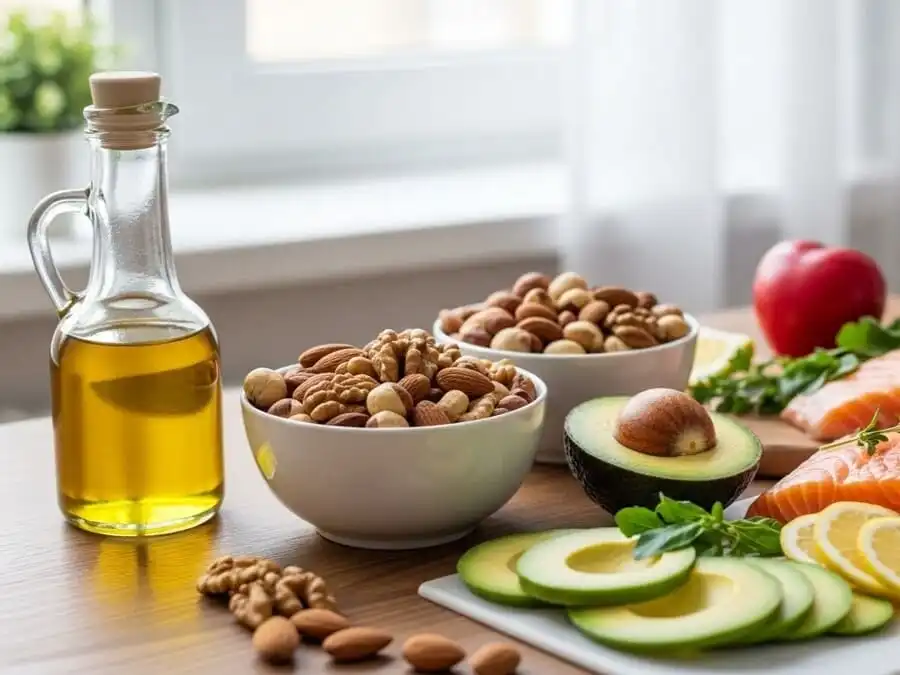 superalimento para o coração. Azeite de oliva, castanhas, abacate e peixe dispostos em uma mesa, representando fontes de gorduras insaturadas benéficas para a saúde cardiovascular.