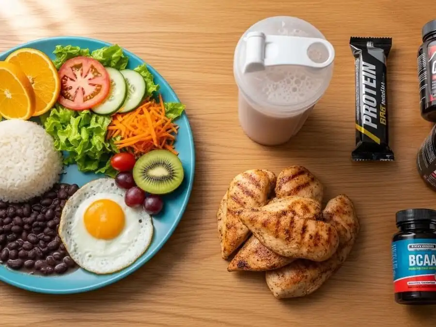 Consumo Excessivo de Proteína. Comparação em mesa: prato equilibrado com comida de verdade vs excesso de suplementos proteicos e carne, ilustrando risco de sobrecarga metabólica.