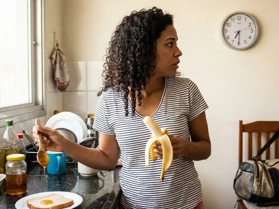 Pessoa com pouco tempo antes do treino comendo banana com mel.