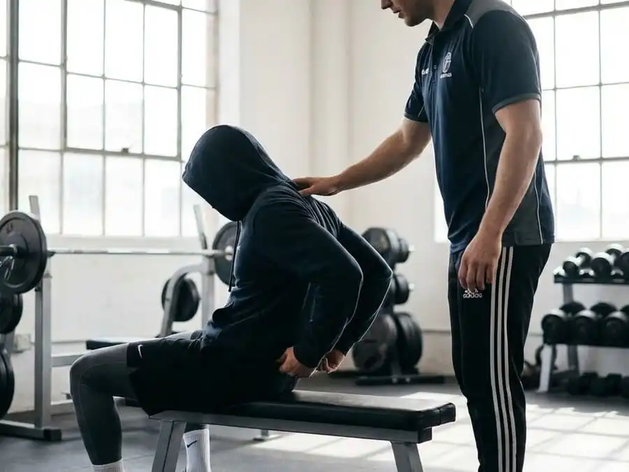 Fotografia realista de uma pessoa fazendo alongamentos dinâmicos em uma academia, com tapetes e pesos ao fundo, sob iluminação clara e natural.