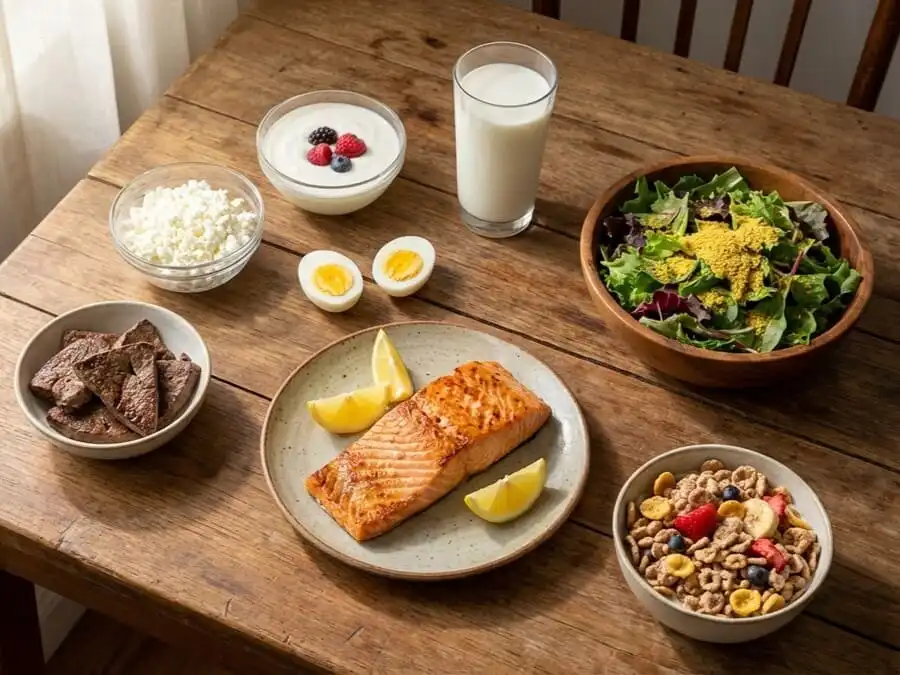 Mesa com alimentos ricos em vitamina B12: salmão, ovos, carne, queijo, iogurte, leite e levedura nutricional, luz natural, mostrando opções acessíveis para saúde cerebral.