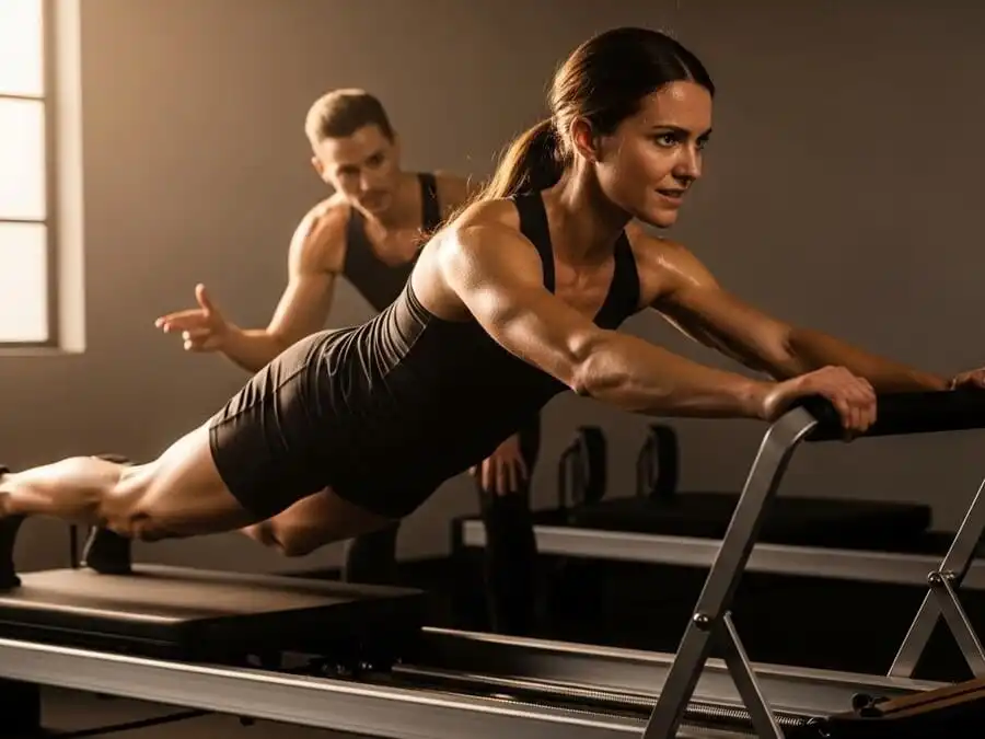 Praticante do Método Lagree executando movimento lento e controlado no megaformer, músculos tremendo, foco na precisão e exaustão muscular positiva.