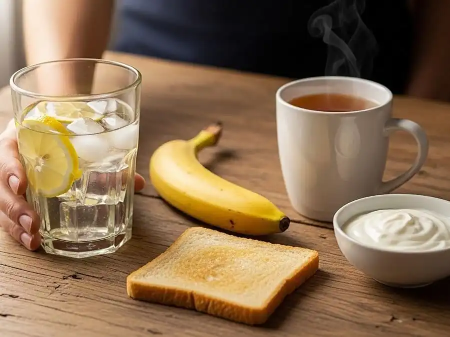 Mesa com remédios naturais para ressaca: água com limão, banana, torradas e chá de gengibre, luz natural.