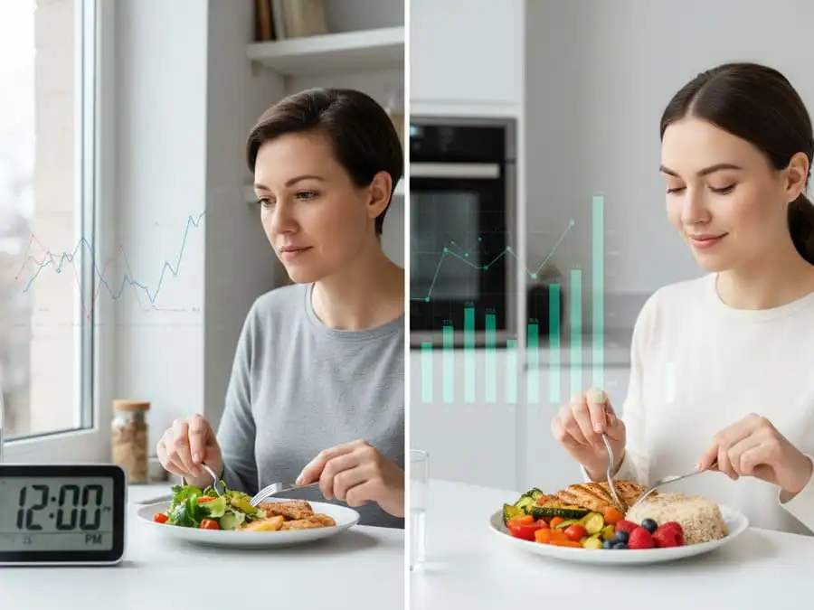 Comparação realista entre jejum intermitente e dieta convencional equilibrada, com elementos científicos sutis, ilustrando resultados da revisão Cochrane.