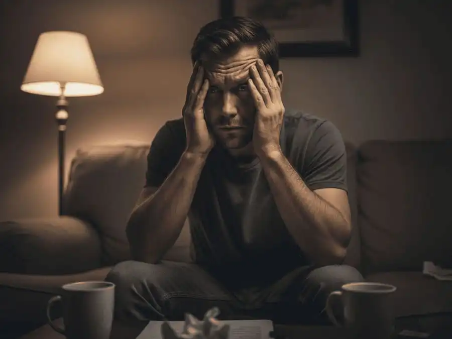 Homem sozinho no sofá com expressão de cansaço e irritação, ilustrando efeitos mentais da abstinência sexual prolongada como estresse e baixa motivação