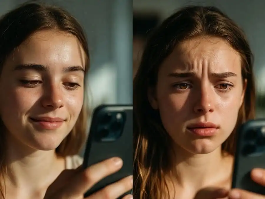 Comparação: pessoa consumindo conteúdo nas redes com calma vs ansiosa ao postar, ilustrando autocuidado digital e zero posting.