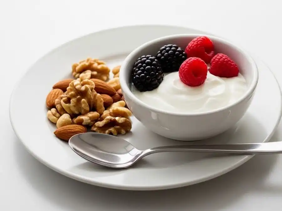 Mesa com cinco pratos representando as dietas para longevidade (Mediterrânea, DASH, plant-based, AHEI, DRRD), coloridos e frescos, luz natural.