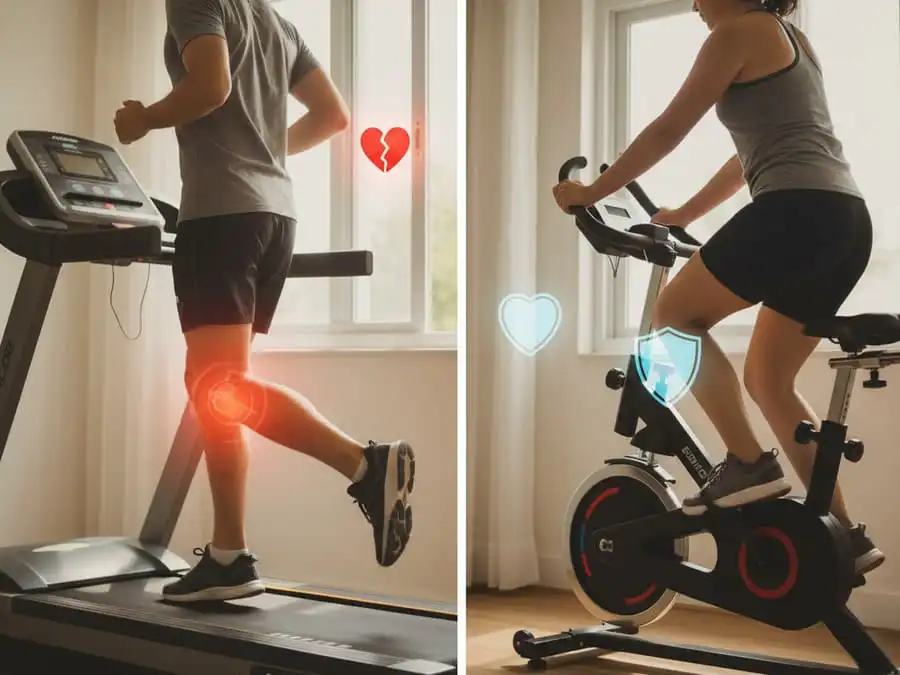Comparação de impacto articular: joelhos sob estresse na esteira vs movimento suave na bike/elíptico, luz natural, ilustrando proteção e queima calórica equilibrada.