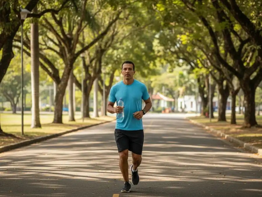 Pessoa correndo em ritmo moderado em parque arborizado com sombra, luz natural filtrada, representando estratégia inteligente para correr no calor.