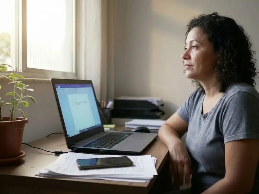 Pessoa aplicando a regra 20-20-20, olhando para longe da tela para descansar os olhos, luz natural da janela.