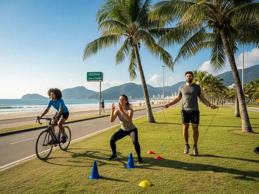 Variedade de exercícios cardio ao ar livre em parque brasileiro: pedalada, pular corda e HIIT funcional, luz natural, representando opções acessíveis e prazerosas.