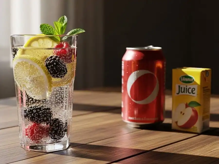 Comparação entre copo de água com gás com frutas frescas e lata de refrigerante, destacando benefícios à saúde.